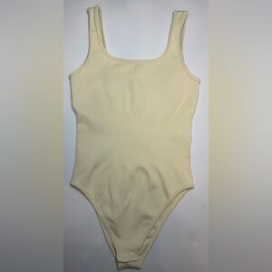 Sleeveless Square Neck Bodysuit Ribbed Tank Top Dark Beige/Cream S